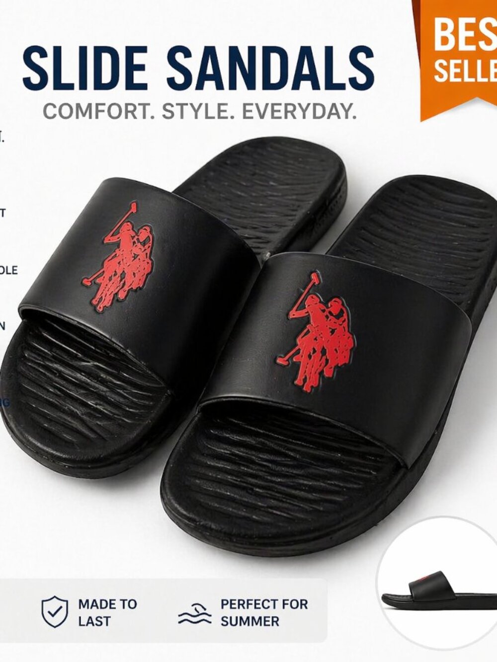 U.S. Polo Assn Black Slides Sandals Red Logo Men’s Size 11-12 New
